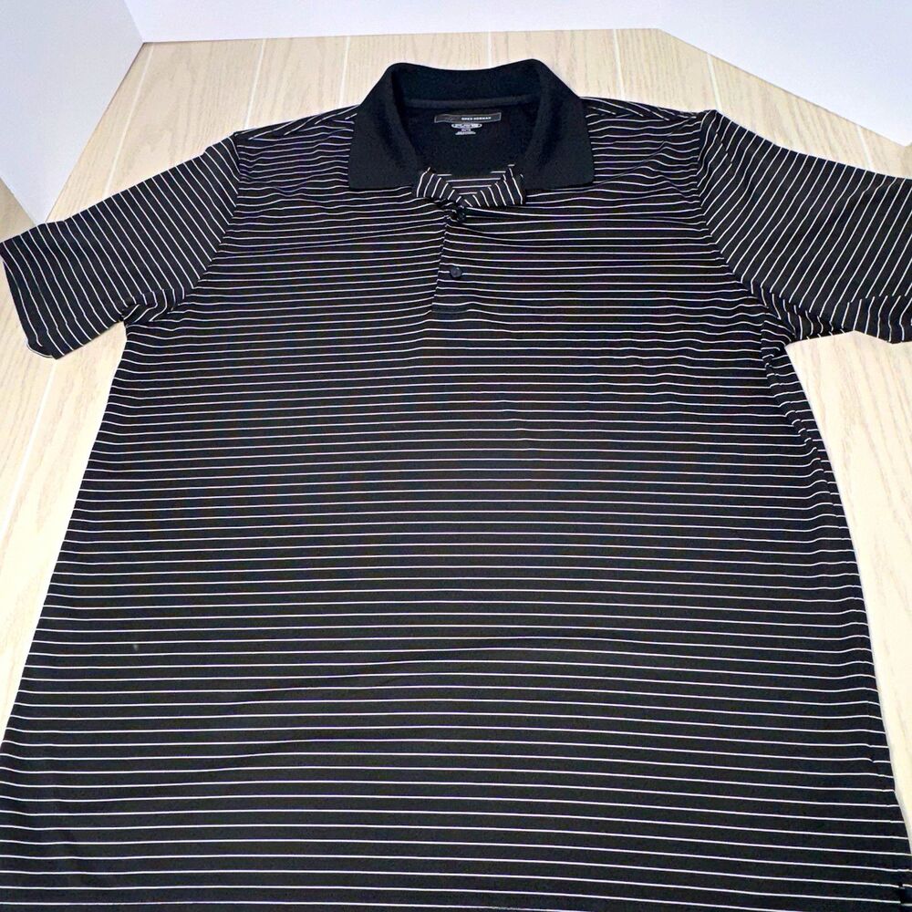 Mens Greg Norman Play Dry Golf Polo Shirt XL Black/White Striped Poly Easy Care
